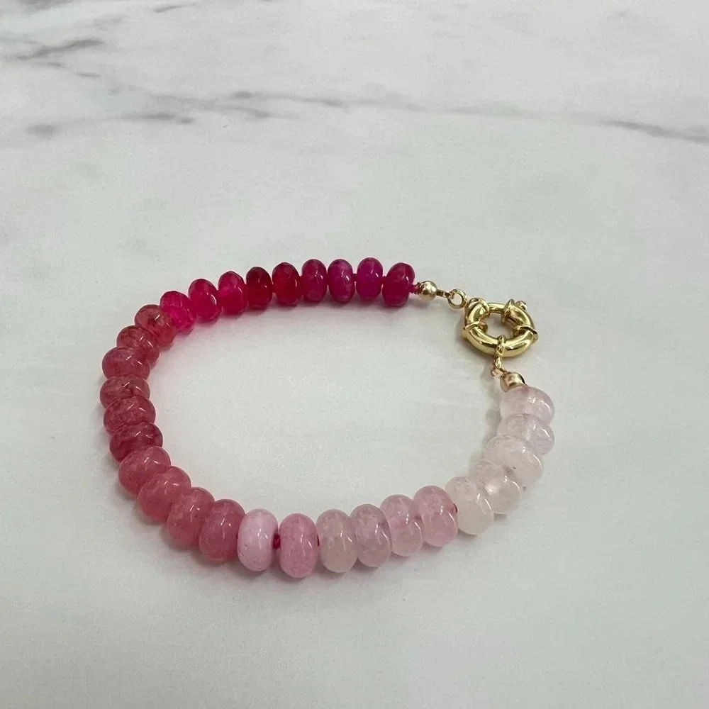 Ombre Pink Jade Gemstone Beaded Hand Knotted Bracelet Gold Filled Clasp